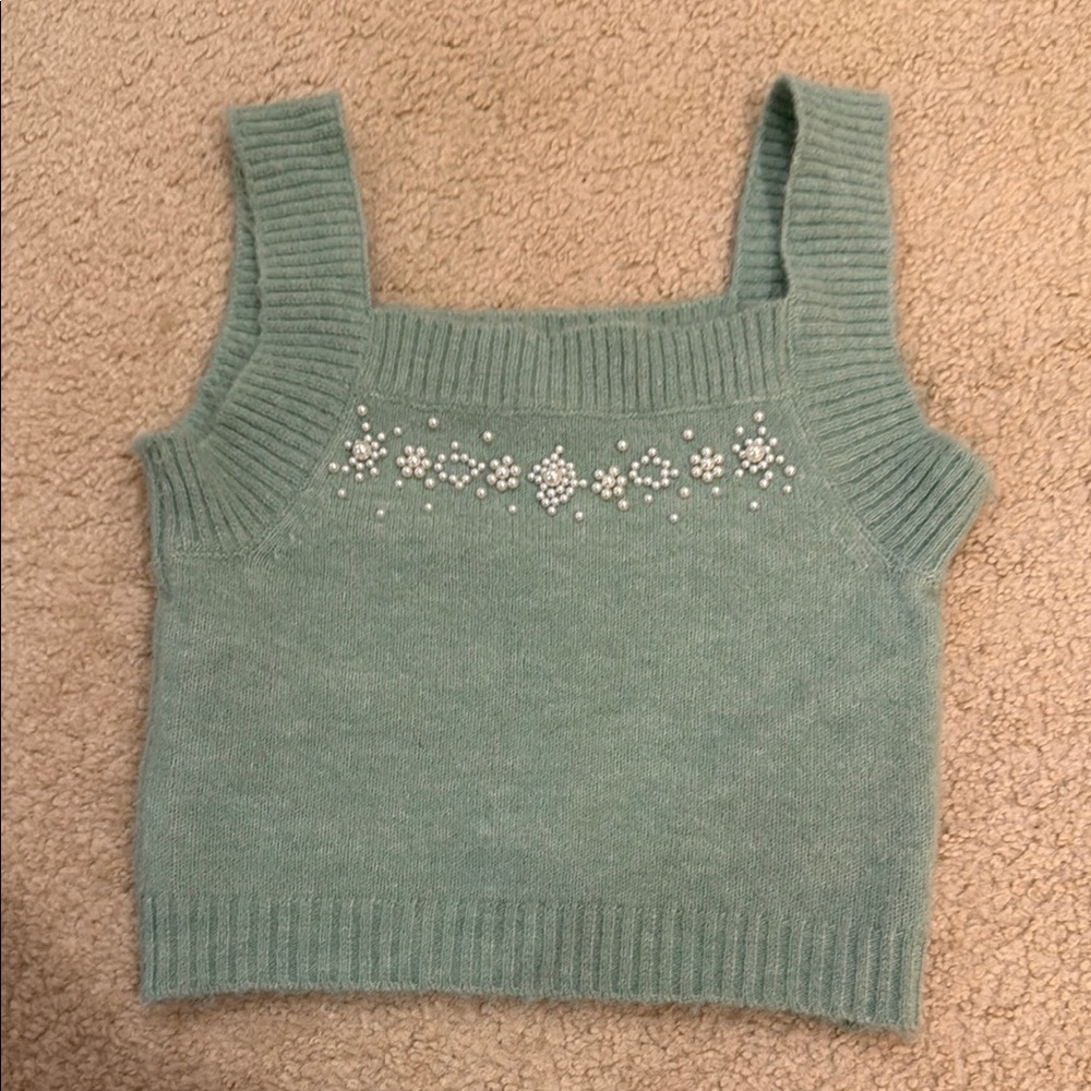 Zara Green Embellished Ribbed Crop Tank
